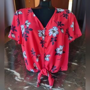 Urban Romantics Elegant Red Floral Front Tie Blouse